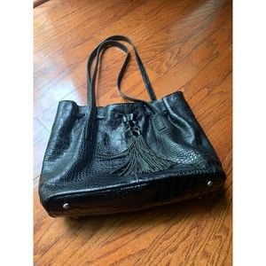 Patricia Nash Leather Drawstring Witney Shoulder Bag Croc Black